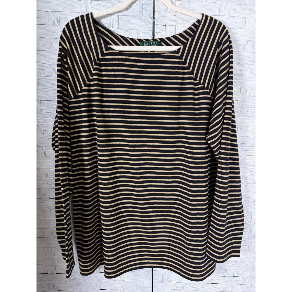 Lauren Ralph Lauren Women Top Black Gold Metallic Striped Boat Neck Plus Size